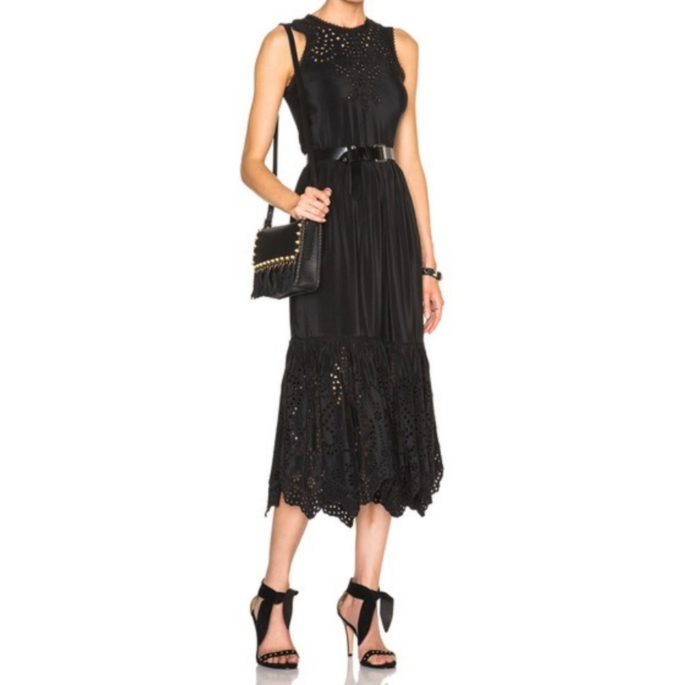 Ulla Johnson Black Silk Georgette Midi Slip Eyelet Dress